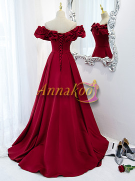 Buy Annakoo 2022 Off The Shoulder Wine Red Satin Ruffles A Line Prom Formal Dress Under 138