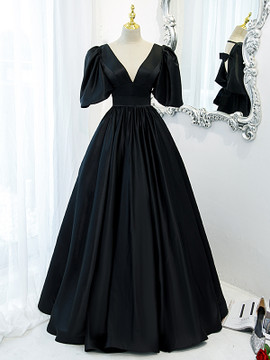 Shop Annakoo 2022 Black Plus Size Puffy Sleeves Satin V Neck Bowknot Prom Formal Dress Under 148