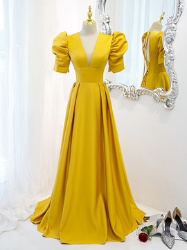 Get 2022 New Arrival Ginger Yellow V Neck Puffy Sleeve Satin Backless Prom Formal Dress From 148
