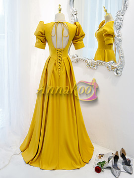 Get 2022 New Arrival Ginger Yellow V Neck Puffy Sleeve Satin Backless Prom Formal Dress From 148
