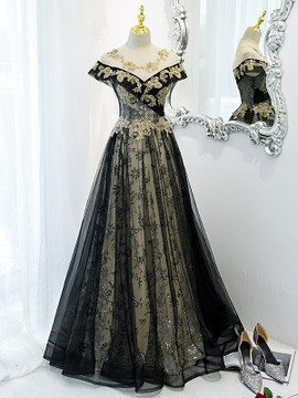 Shop 2022 Annakoo Sheer Neck Sparkle Black Cap Sleeve A Line Beading Prom Dress From 148