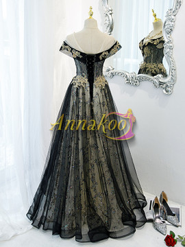 Shop 2022 Annakoo Sheer Neck Sparkle Black Cap Sleeve A Line Beading Prom Dress From 148