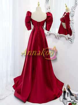 Shop Annakoo 2022 Puffy Sleeve Square Burgundy Beading Cut Out Satin Prom Dress Under 138