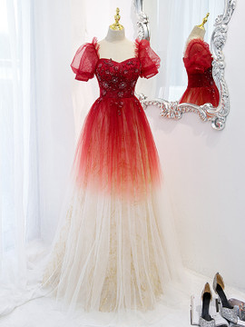 Shop Annakoo 2022 Red Two Tone Ombre Tulle Beading Short Sleeve Prom Formal Dress Under 138
