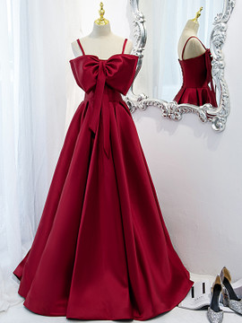 Shop Annakoo 2022 Spaghetti Straps Satin Burgundy Bowknot Lace Up Formal Prom Dress Under 137