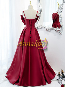 Shop Annakoo 2022 Spaghetti Straps Satin Burgundy Bowknot Lace Up Formal Prom Dress Under 137