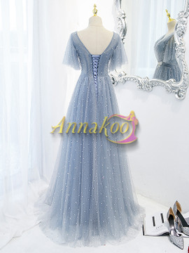 Shop Annakoo 2022 Blue Cap Sleeves Tulle Beading V Neck Bowknot Prom Formal Dress Under 138