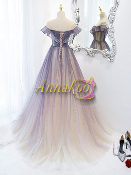 Shop 2022 Light Purple Sparkle Bling Bling Scoop Short Sleeve Tulle Prom Dress Under 145