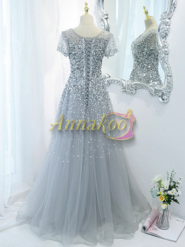 Buy 2022 Cheap Silver Gray Bling Bling Beading Scoop Tulle Short Sleeve Formal Prom Dress Under 178