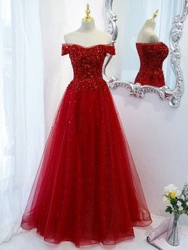 Buy Annakoo 2022 Burgundy Tulle Beading Off The Shoulder Romantic Prom Dress Under 158