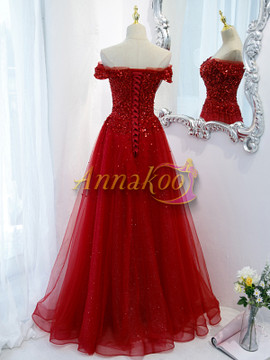 Buy Annakoo 2022 Burgundy Tulle Beading Off The Shoulder Romantic Prom Dress Under 158