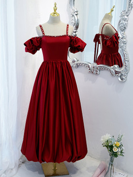 Shop 2022 Burgundy Spaghetti Straps Cold Shoulder Satin Tea Length Backless Prom Dress Under 128