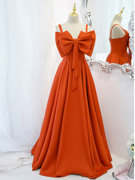 Red Spaghetti Straps Big Bow Satin Long Lace Up Prom Dress