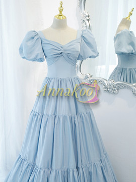 Buy Annakoo 2022 Vintage Light Blue Satin Vintage Pleats Square Neck Prom Formal Dress Under 128