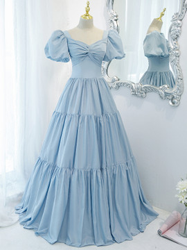 Buy Annakoo 2022 Vintage Light Blue Satin Vintage Pleats Square Neck Prom Formal Dress Under 128