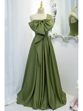 Shop 2022 Annakoo Olive Green Satin One Shoulder Floor Length Bow Formal Prom Dress Under 124