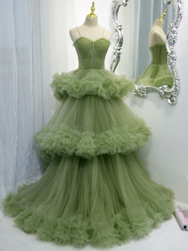 Buy 2022 Spaghetti Straps Olive Green Tulle Ruffles Sheer Prom Formal Dress Under 158