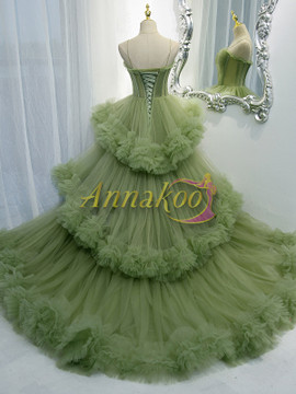 Buy 2022 Spaghetti Straps Olive Green Tulle Ruffles Sheer Prom Formal Dress Under 158