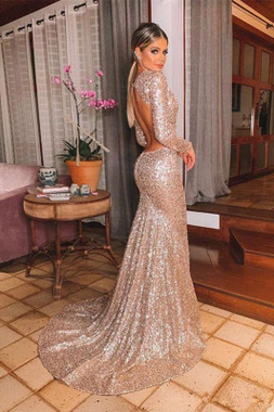 Shop ANNAKOO 2022 Long Sleeve Rose Gold Backless Trumpet Mermaid Sequin Prom Formal Dress under 148
