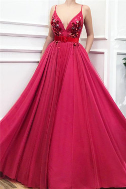 Shop Annakoo 2022 Red Tulle 3D Flowers Belt A Line Spaghetti Straps Prom Formal Dress Under 169