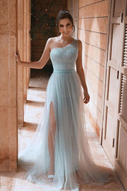 Shop 2022 Annakoo One Shoulder Mint Tulle Beading Sequin A Line Prom Formal Dress With Slit Under 169