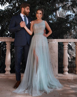 Shop 2022 Annakoo One Shoulder Mint Tulle Beading Sequin A Line Prom Formal Dress With Slit Under 169