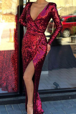 Shop 2022 Annakoo Dark Red Sequin V Neck Long Sleeve Sheath Column Sexy Prom Dress Under 165