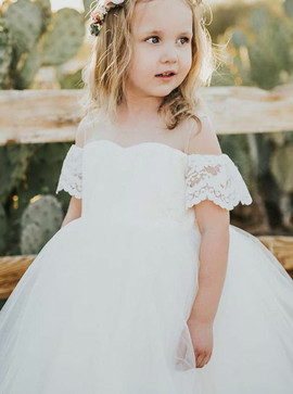 Sequins Off The Shoulder Open Back White Lace Flower Girl Dress 