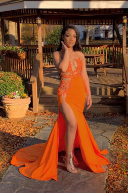 Shop 2022 Annakoo Orange Jewel Sheer Neck Spandex Sheath Column Appliques Prom Dress With Slit Under 169