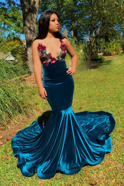 Shop Annakoo 2022 Straps V Neck Rose Flower Blue Velvet Trumpet Mermaid Prom Dress Under 169