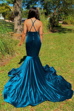 Shop Annakoo 2022 Straps V Neck Rose Flower Blue Velvet Trumpet Mermaid Prom Dress Under 169