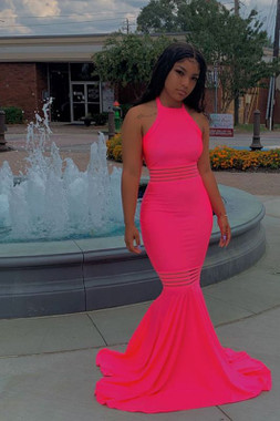 Shop 2022 Annakoo Hot Pink Halter Trumpet Mermaid Spandex See Through Formal Prom Dress Under 139