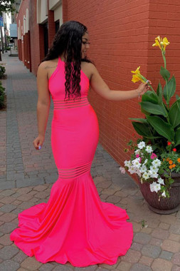 Shop 2022 Annakoo Hot Pink Halter Trumpet Mermaid Spandex See Through Formal Prom Dress Under 139