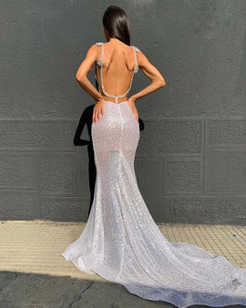 Trumpet Mermaid Silver Beading Sparking V Neck Backless Formal Prom Dress