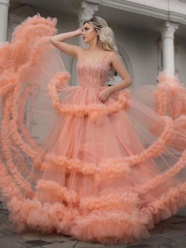 Shop 2022 Annakoo Coral Tulle Spaghetti Straps A Line Beading Luxury Ruffles Prom Formal Dress Under 488