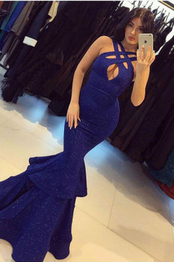 Shop 2022 Annakoo Halter Hollow Sequin Trumpet Mermaid Ruffles Royal Blue Prom Dress Under 149