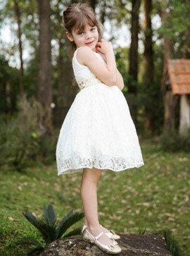 Sequins Keyhole Scoop White Lace Flower Girl Dress 