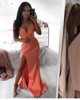 Shop 2022 Sexy Orange Spaghetti Straps Satin Sheath Column Prom Dress With Slit Under 99