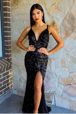 Sexy 2022 Spaghetti Straps Dark Navy Sequin Sheath Column Backless Formal Dress Under 248