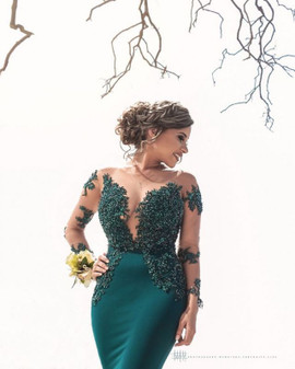 2022 Annakoo Long Sleeve Green Sheath Column Tulle Appliques Prom Formal Dress