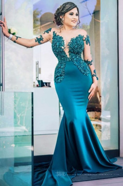 2022 Annakoo Long Sleeve Green Sheath Column Tulle Appliques Prom Formal Dress