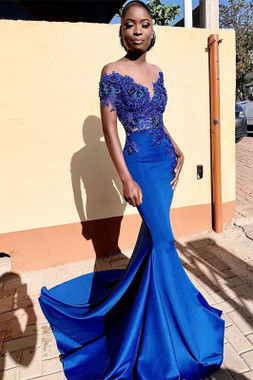 Shop Annakoo 2022 Royal Blue Satin Appliques Deep V Neck Trumpet Mermaid Prom Dress Under 248