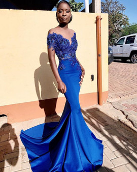 Shop Annakoo 2022 Royal Blue Satin Appliques Deep V Neck Trumpet Mermaid Prom Dress Under 248