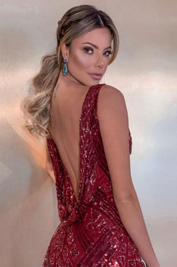 Shop 2022 Annakoo V Neck Burgundy Sheath Coumn Sequin Sparkle Prom Formal Dress Under 348