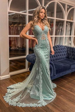 Shop 2022 Annakoo Mint V Neck Trumpet Mermaid Appliques Sexy Tulle Backless Prom Dress Under 345