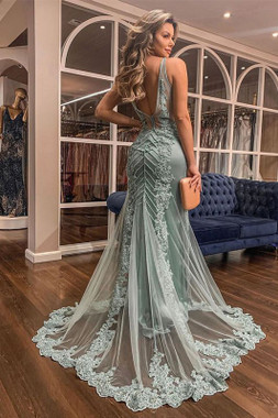 Shop 2022 Annakoo Mint V Neck Trumpet Mermaid Appliques Sexy Tulle Backless Prom Dress Under 345