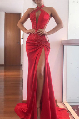 Shop 2022 Annakoo Halter Red Ruched Beading Sheaht Column Satin Prom Dress With Slit Under 188
