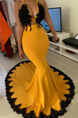 Shop 2022 Annakoo Halter Yellow Spandex Appliques Trumpet Mermaid Backless Prom Dress Under 168