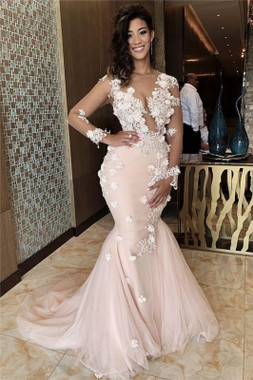Shop 2022 Annakoo Pearl Pink Long Sleeve Sheer Appliques Trumpet Mermaid Prom Dress Under 228