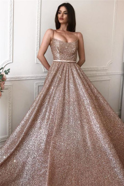 Shop 2022 Rose Gold Spaghetti Straps Sequin A Line Sexy Prom Formal Dress Under 145